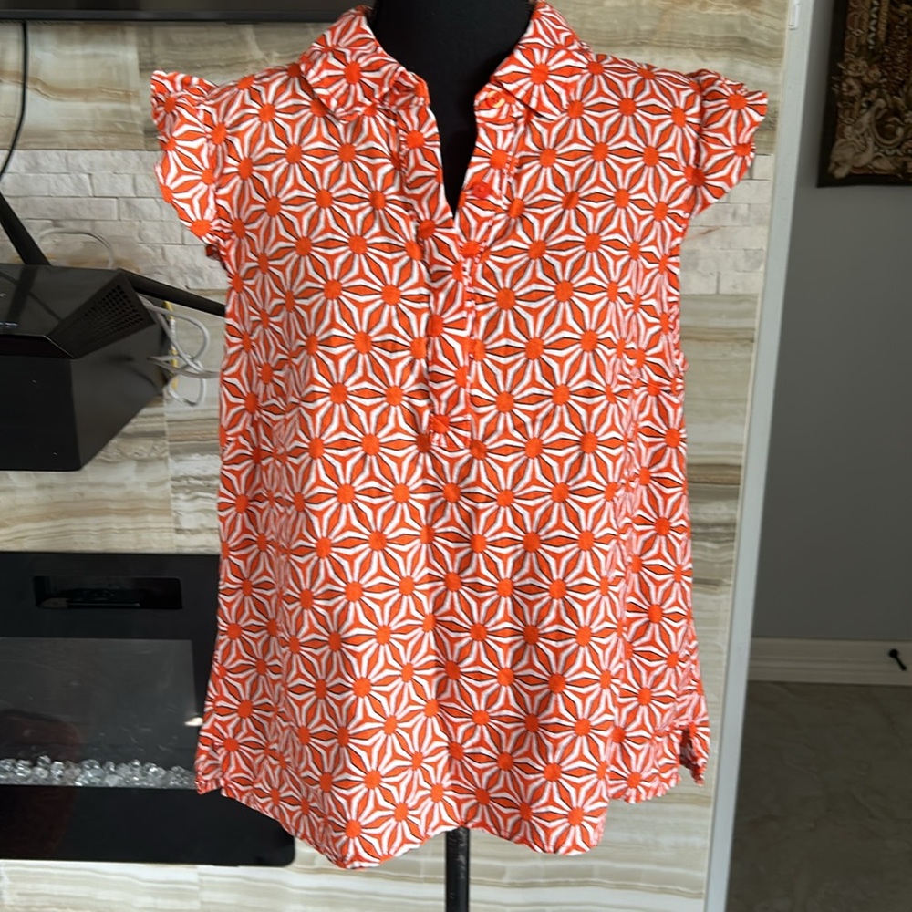Charter Club Linen Geometric Print Sleeveless Ruffle Trim Top. Size L